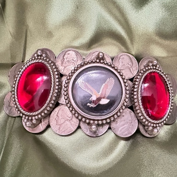 Patriot BELT BUCKLE MENS Eagle Nickels and Red Cabochons 5.5 Silver Tone 4110 B - Picture 11 of 11